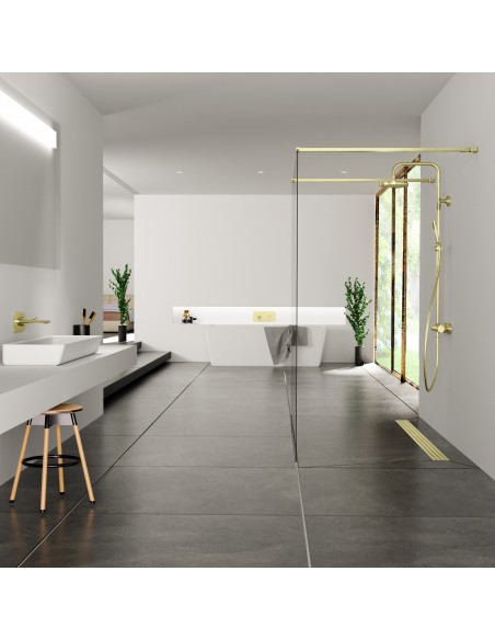 Luxuriöses Bad Im Schwarz Und Weiß Mit Begehbarer Dusche Mittig Im Raum, Mit Moderner Armaturen In Gold
