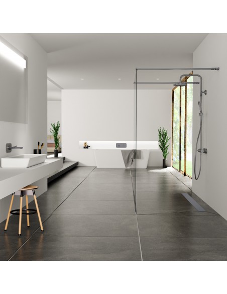 Luxuriöses Bad Im Schwarz Und Weiß Mit Begehbarer Dusche Mittig Im Raum, Mit Moderner Armaturen In Schwarz - Solide Seite