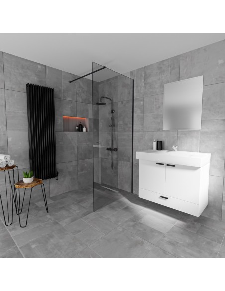 Zeitloses Bad Mit Großformatigen Fliesen In Verwaschenem Grau Mit Integriertem Ablauf In Schwarz - Solide Seite