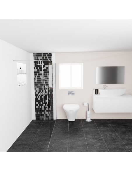 Anwendungsbeispiel: Kompaktes Badezimmer Mit Offener Eckdusche In Den Kontrast - Farben Schwarz Und Weiß