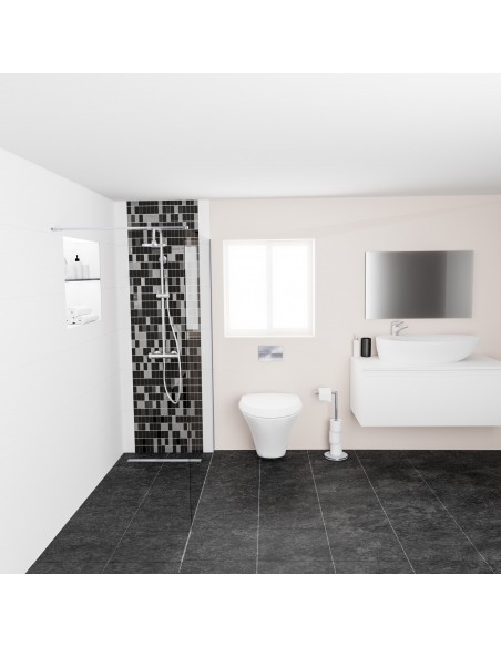 Anwendungsbeispiel: Kompaktes Badezimmer Mit Offener Eckdusche In Den Kontrast - Farben Schwarz Und Weiß