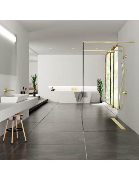 Luxuriöses Bad Im Schwarz Und Weiß Mit Begehbarer Dusche Mittig Im Raum, Mit Moderner Armaturen In Gold - Solide Seite