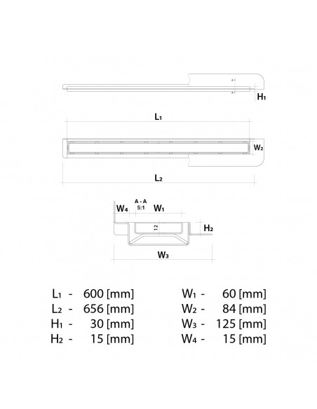 Technische Zeichnung: Duschrinne Wiper Premium ZK Mit Wandaufkantung 60 Pure