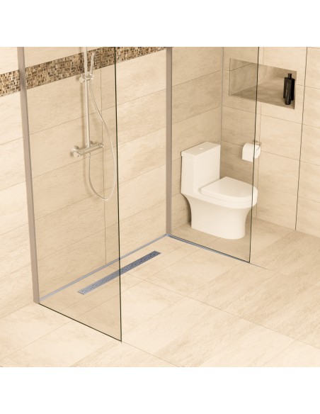 Offene Dusche, Beige Fliesen, 1 - Seitiges Gefälle & Ablauf Mit Silberne Abdeckung Mit Rundem Muster