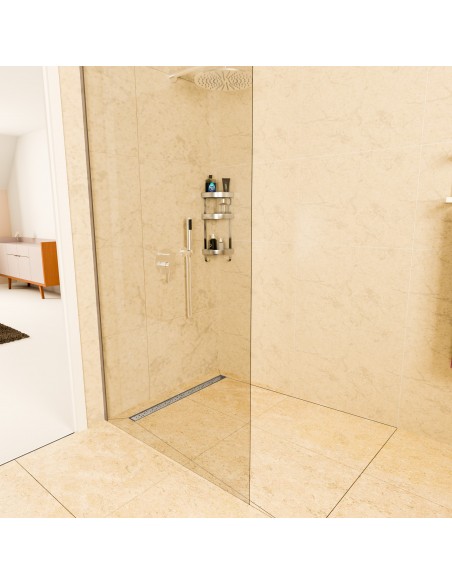 Modern, Glas & Kalkstein, 4 - Seitiges Gefälle & Ablauf Mit Silberne Abdeckung Mit Rundem Muster