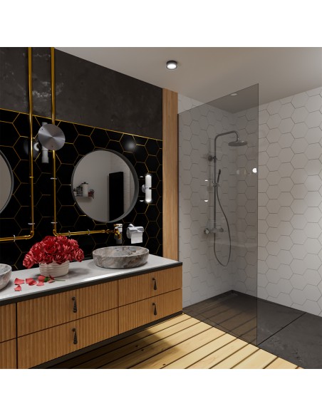 Bad Mit S W Hexagon - Fliesen, 4 - Seitiges Gefälle & Ablauf Mit Silberne Befliesbare Abdeckung