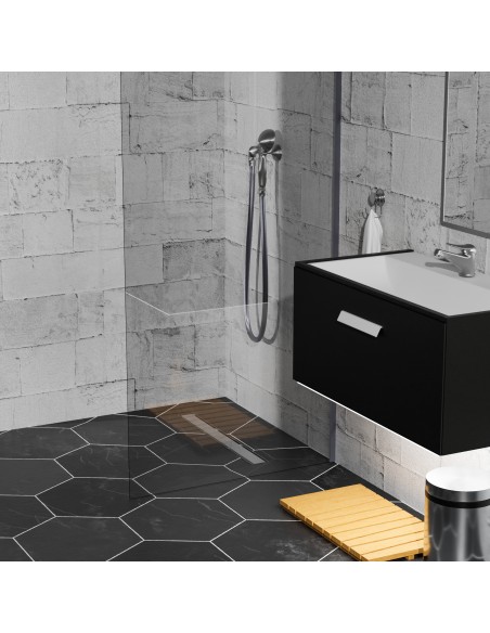 Schwarz, Hexagon - Fliesen, Steinoptik, 4 - Seitiges Gefälle & Ablauf Mit Silberne Glatte Edelstahlabdeckung