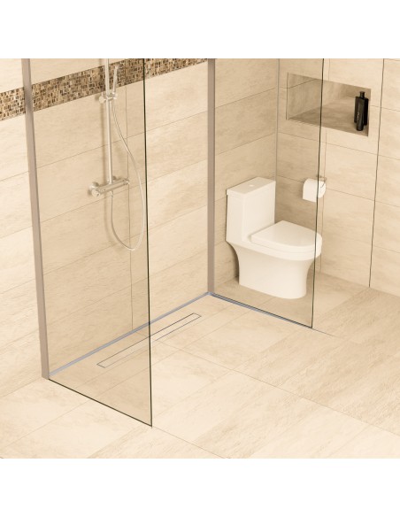 Offene Dusche, Beige Fliesen, 1 - Seitiges Gefälle & Ablauf Mit Silberne Befliesbare Abdeckung