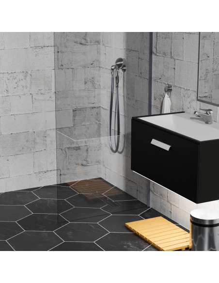 Schwarz, Hexagon - Fliesen, Steinoptik, 4 - Seitiges Gefälle & Ablauf Mit Silberne Befliesbare Abdeckung