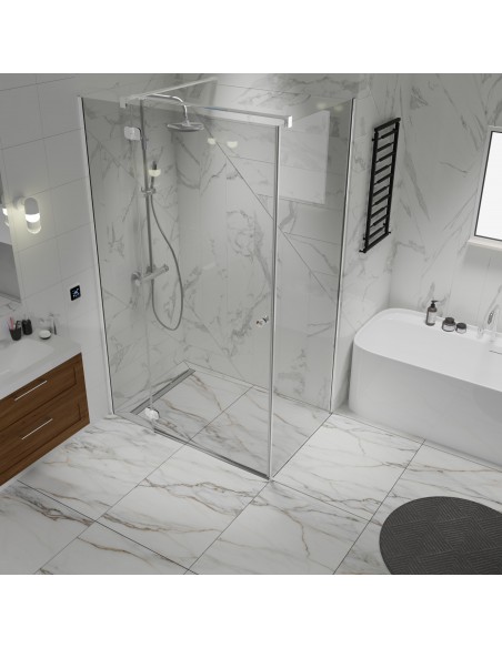 Weiße Marmordusche, Glas, 4 - Seitiges Gefälle & Ablauf Mit Silberne Glatte Edelstahlabdeckung