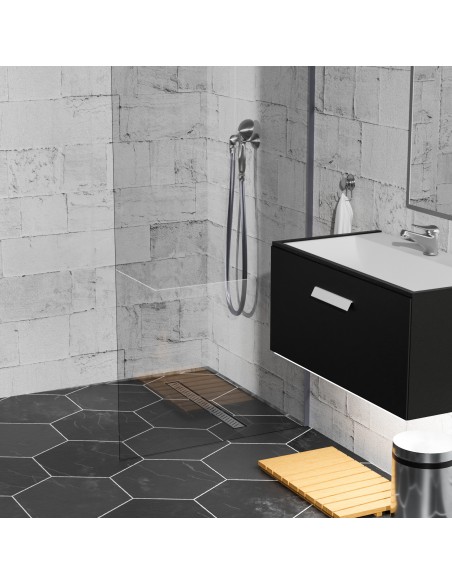 Schwarz, Hexagon - Fliesen, Steinoptik, 1 - Seitiges Gefälle & Ablauf Mit Silberne Abdeckung Mit Diagonalem Muster