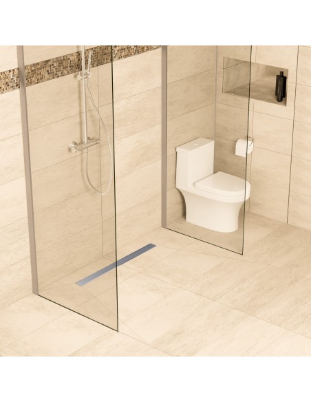 Offene Dusche, Beige Fliesen, 4 - Seitiges Gefälle & Ablauf Mit Silberne Glatte Edelstahlabdeckung