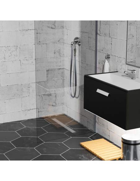 Schwarz, Hexagon - Fliesen, Steinoptik, 1 - Seitiges Gefälle & Ablauf Mit Silberne Glatte Edelstahlabdeckung