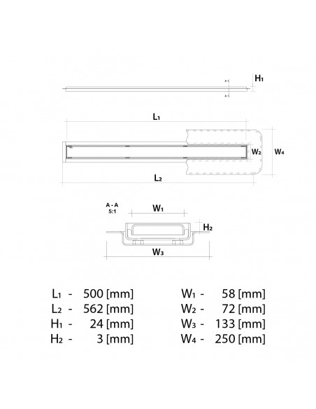 Technische Zeichnung: Linearablauf 500 Mm Wiper MCR Reversible PVD Silver