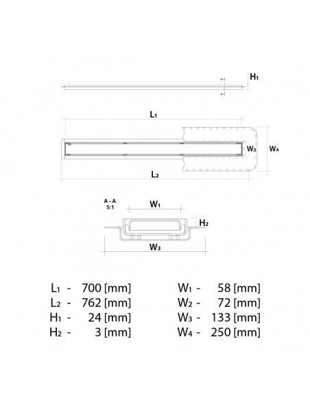 Technische Zeichnung: Linearablauf 700 Mm Wiper MCR Reversible PVD Brass
