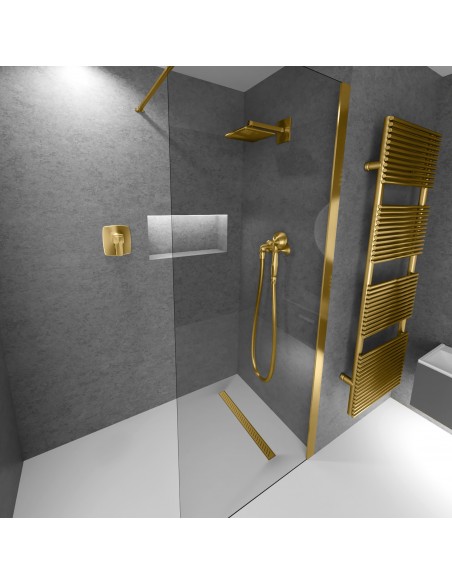 Graue Mikrozement - Dusche Mit Brass Zonda Ablauf Und Schwarzer Glaswand