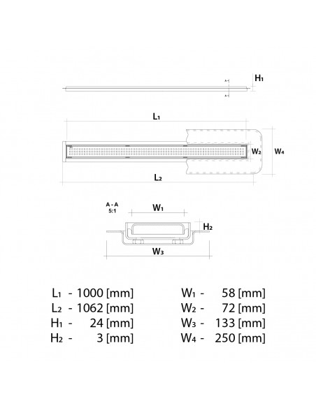 Technische Zeichnung: Linearablauf 1000 Mm Wiper MCR Sirocco PVD Brass