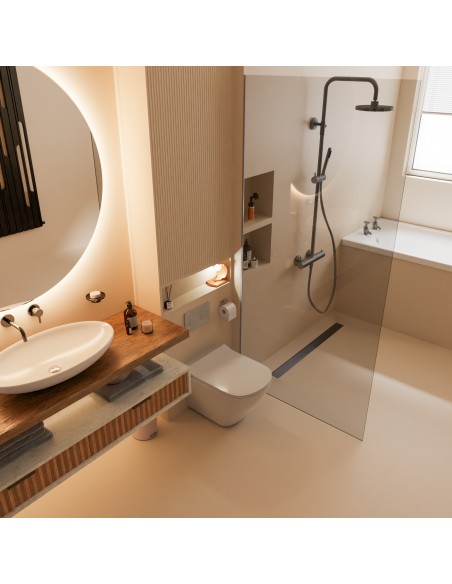 Elegantes Beiges Bad Mit Black Ponente Ablauf Und Regendusche