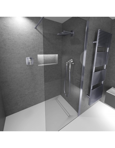 Graue Mikrozement - Dusche Mit Silver Reversible Ablauf Und Schwarzer Glaswand