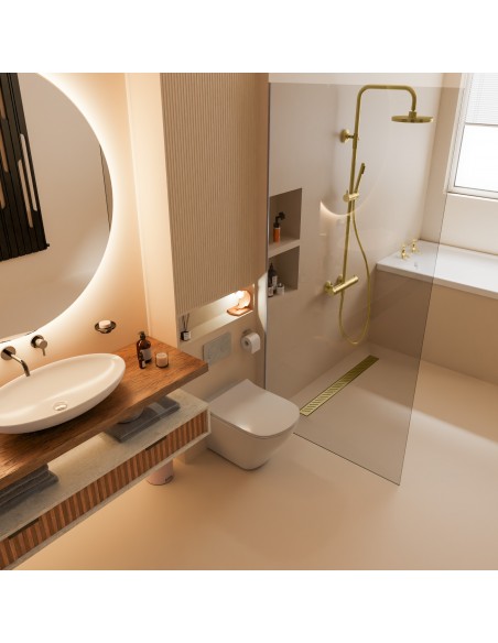 Elegantes Beiges Bad Mit Brass Zonda Ablauf Und Regendusche
