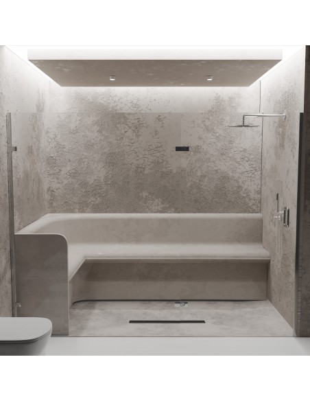Großer Wellness - Duschbereich Mit Black Ponente Ablauf, Betonwänden Und Sitz