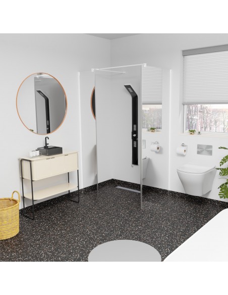 Showerlay Ponente In Einem Weißen Bad Mit Schwarzer Duschsäule, Rundem Spiegel Und Toilette
