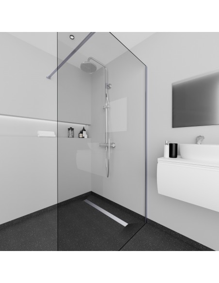 Showerlay Ponente In Einem Minimalistischen Modernen Bad Mit Begehbarer Dusche Und Dunklem Boden