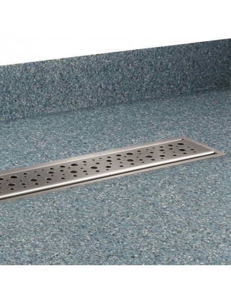 Mistral Linearablaufabdeckung Entlang Der Kante Einer Blauen Terrazzo - Duschwanne, Eckansicht