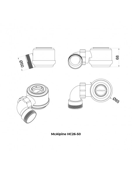 McAlpine HC26 - 50 Siphon – Technische Zeichnung Mit DN50 - Auslass, Ø85 - Mm - Flansch Und 68 Mm Höhe