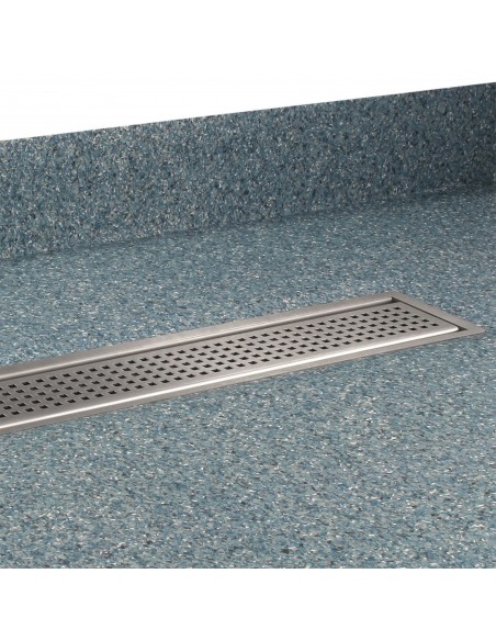 Sirocco Linearablaufabdeckung Entlang Der Kante Einer Blauen Terrazzo - Duschwanne, Eckansicht