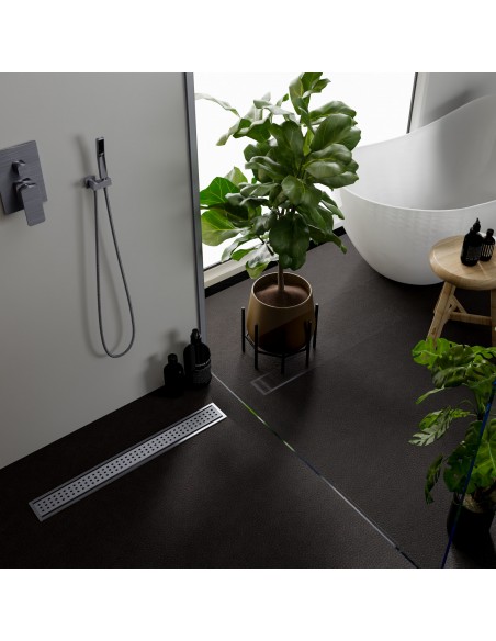 Showerlay Sirocco Draufsicht In Einem Dunklen Bad Mit Schwarzem Boden Und Freistehender Wanne
