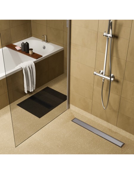 Wiper Drain VF Ponente In Einem Bad Mit Beige - Terrazzo, Badewanne Mit Holztablett Und Begehbarer Dusche