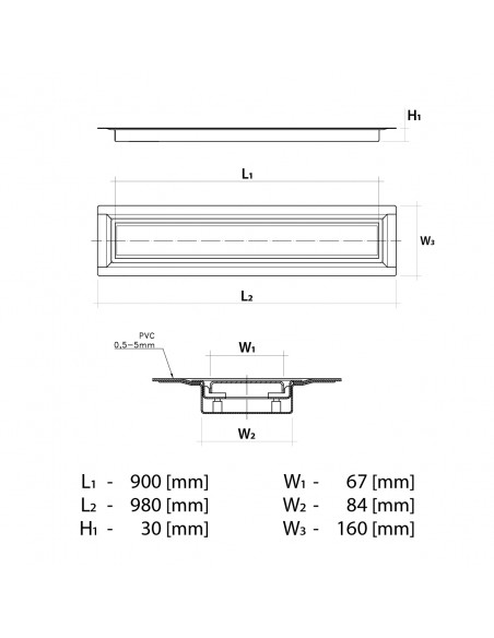 Technische Zeichnung: Wiper Drain VF 90 Untervinyl - Nassraum - Duschwanne Mit Ablaufposition Und Maßen