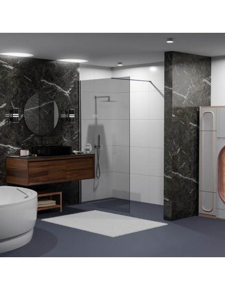 Wiper Drain VF Ponente In Einem Luxusbad Mit Schwarzen Marmorwänden, Holzwaschtisch Und Freistehender Wanne