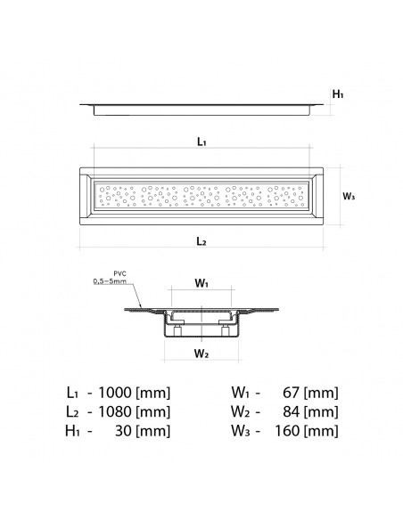 Technische Zeichnung: Wiper Drain VF 100 Untervinyl - Nassraum - Duschwanne Mit Ablaufposition Und Maßen