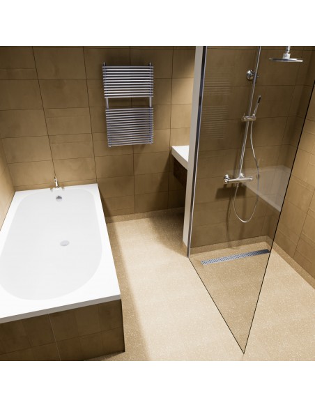 Wiper Drain VF Sirocco In Einem Bad Mit Badewanne, Begehbarer Dusche, Beigefliesen Und Handtuchkörper