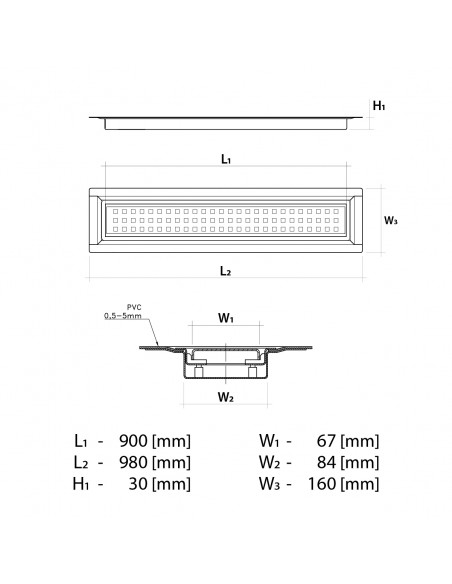 Technische Zeichnung: Wiper Drain VF 90 Untervinyl - Nassraum - Duschwanne Mit Ablaufposition Und Maßen