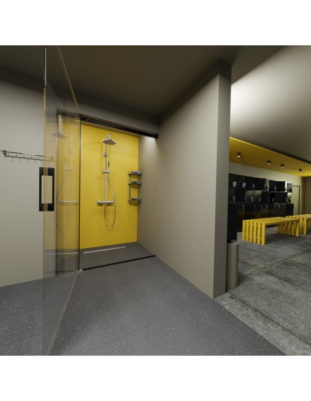 Wiper Drain VF Sirocco In Einer Sportumkleidendusche Mit Gelber Akzentwand Und Dunklem Terrazoboden